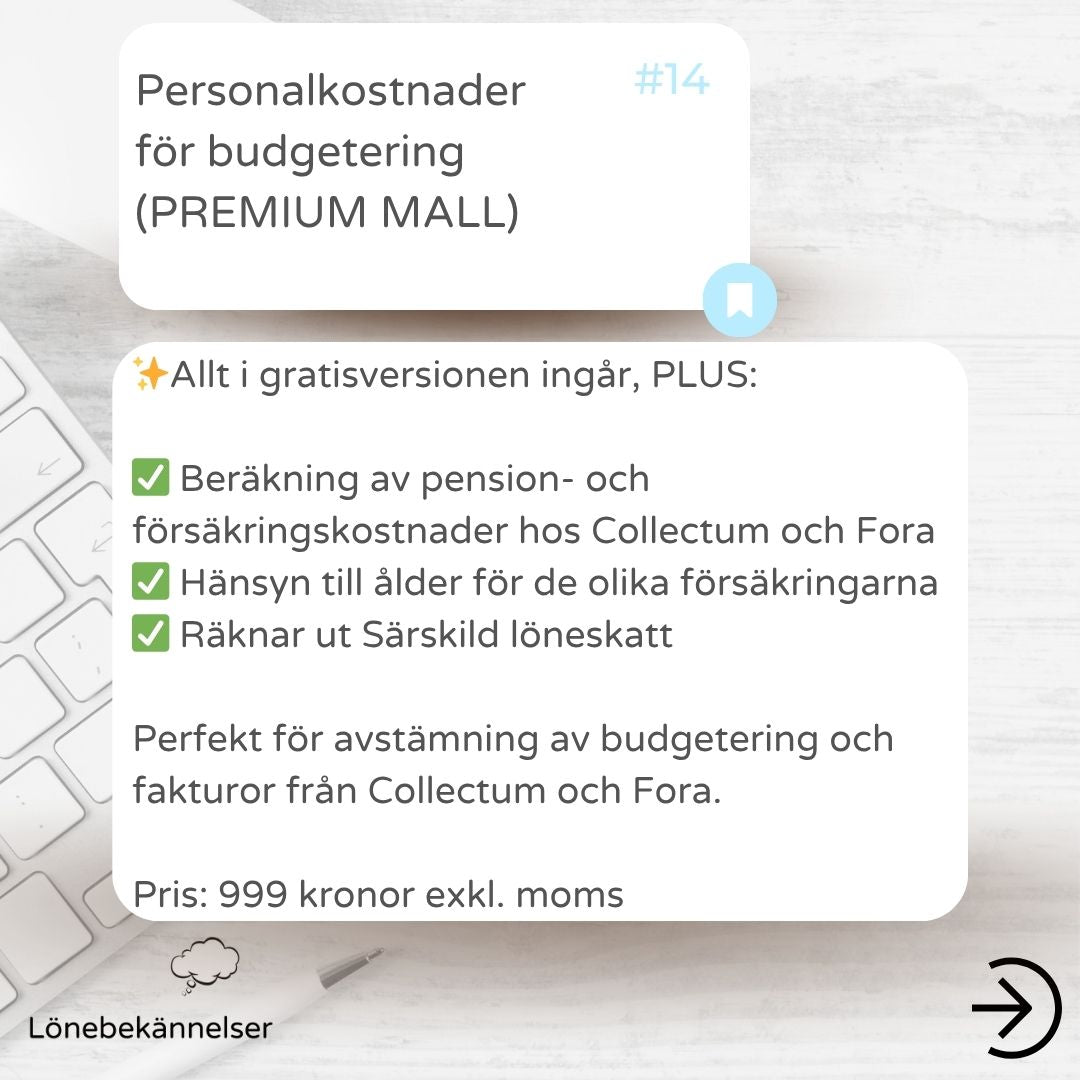 EXCELMALL - PREMIUM - Personalkostnader för budgetering - TJM/arbetare - Collectum/Fora