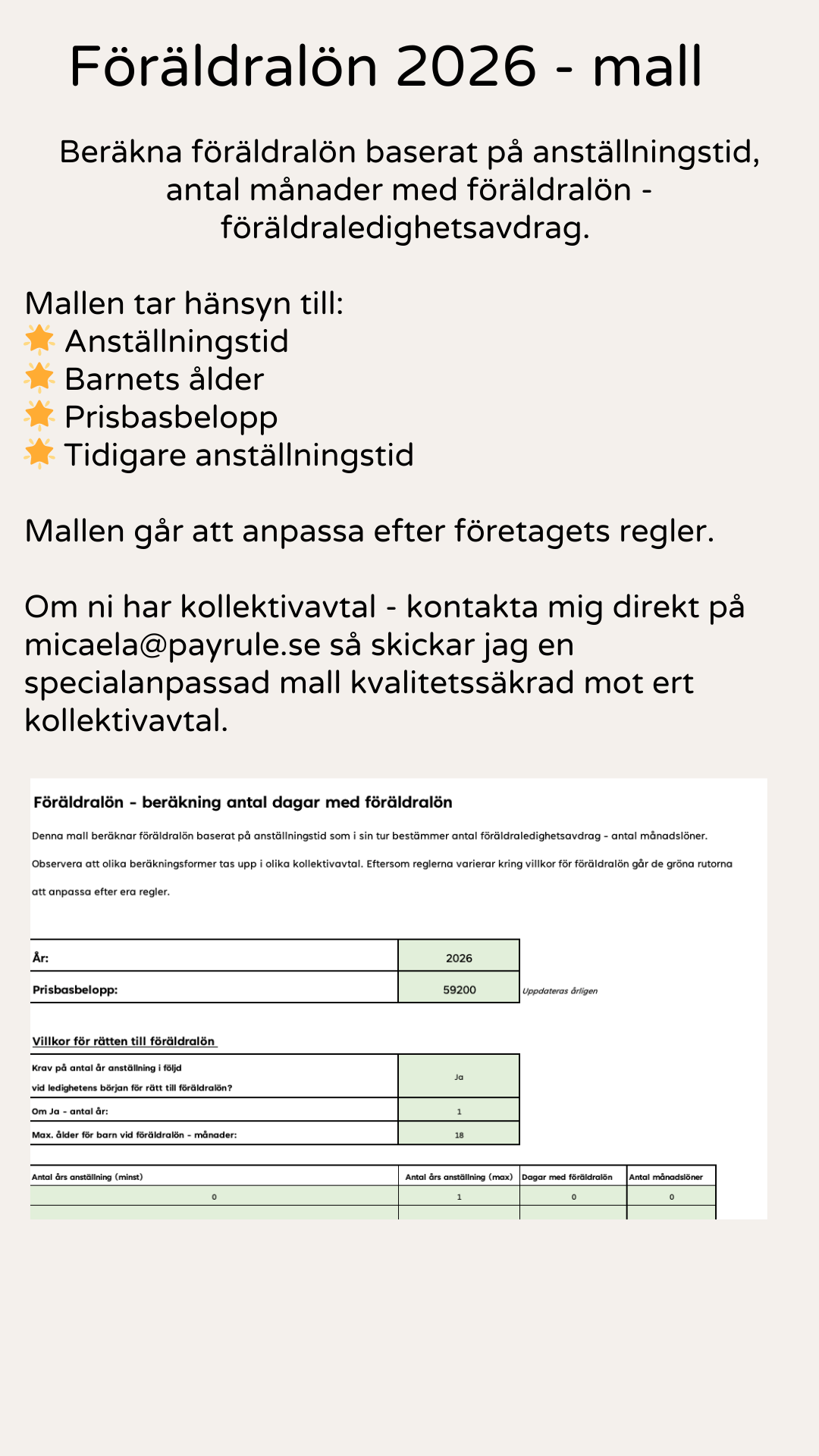 EXCELMALL - Beräkning av föräldralön 2026 (månadslön - antal föräldraledighetsavdrag)