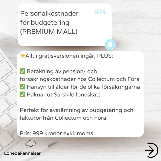 EXCELMALL -  PREMIUM - Personalkostnader för budgetering - TJM/arbetare - Collectum/Fora
