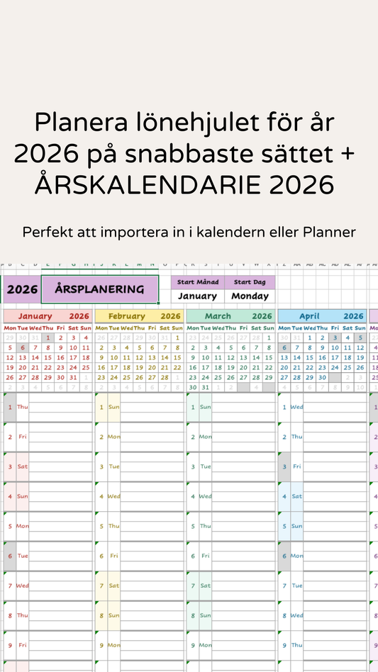 Excel - Lönekalender 2026 med hänsyn till helgdagar