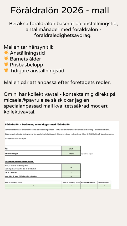 EXCELMALL -  Beräkning av föräldralön 2026 (månadslön - antal föräldraledighetsavdrag)